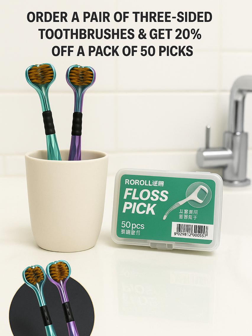 3 sided toothbrush + 20% off pack of 50 floss picks
